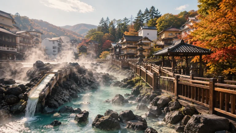 草津温泉の湯けむりと温泉街の雰囲気をイメージした風景