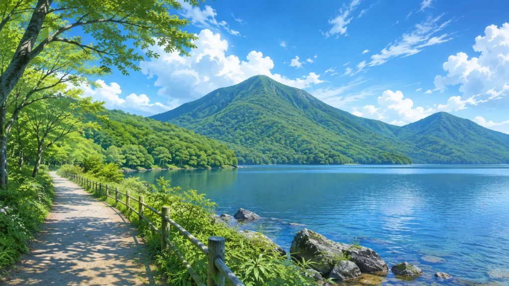 赤城山 大沼の湖畔散策をイメージした自然風景