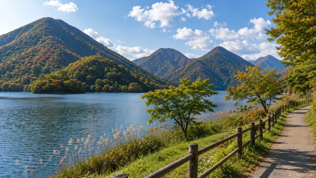 榛名湖の湖畔散策と榛名山の自然をイメージした風景